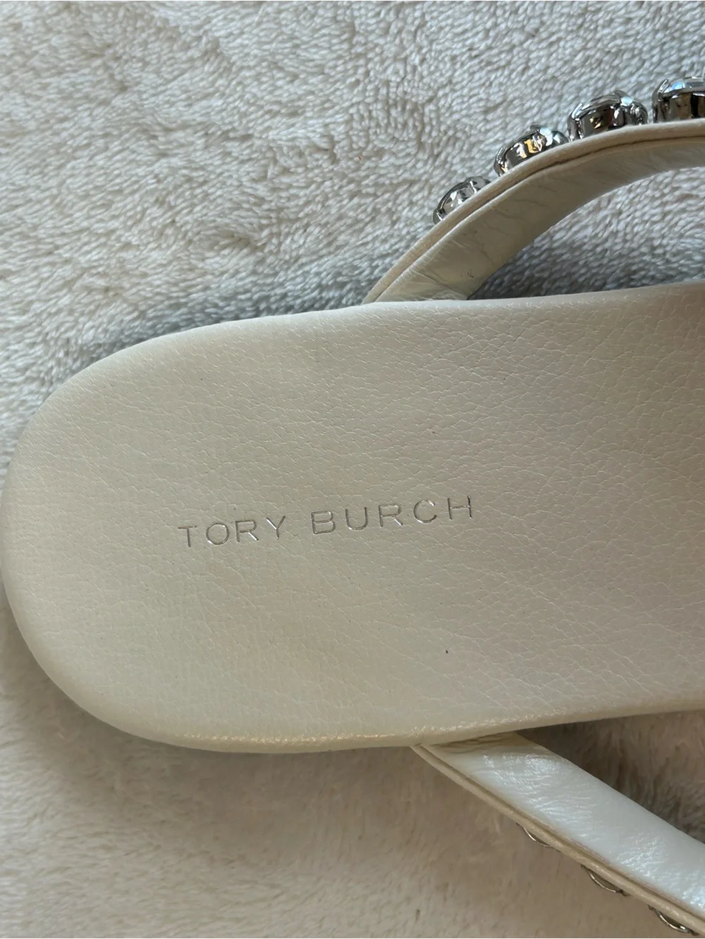Tory Burch Crystal-Embellished White Thong Sandals Ivory Leather Women’s Size 9M